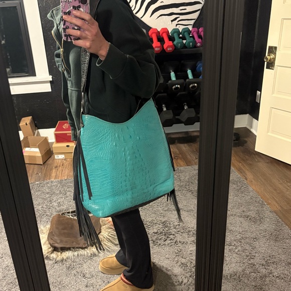 Fringed Black and Teal Croc-Embossed Women's Bag - Picture 6 of 10